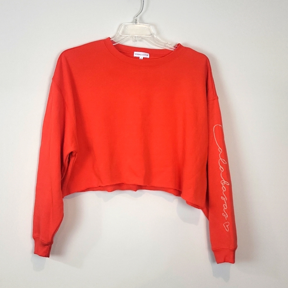 KENDALL & KYLE Orange Emroidered Sleeve Oversized Cropped Fleece Sweatshirt - Picture 1 of 13